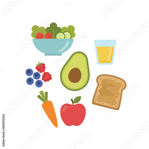 Healthy Food and Organic Vegetables for Balanced Nutrition. Assorted Superfoods with Fruit and Salad for Wellness Diet. Nutritious Meal Ingredients Vector Flat Illustration.