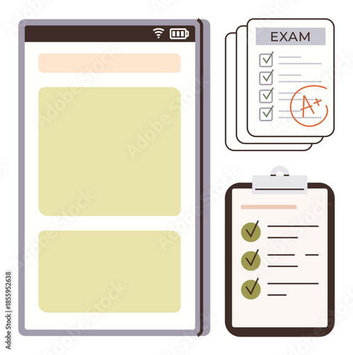 Mobile screen for study apps, exam results with checkmarks, assignments on clipboard. Ideal for education, e-learning, testing, productivity, assessment organization and student success. Clean