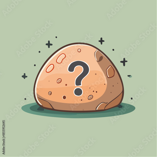 Cartoon illustration of a tan rock with a question mark on it, surrounded by sparkles.