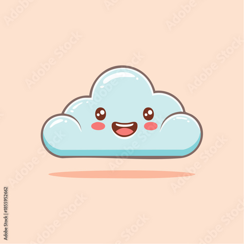 Cute cartoon cloud with a happy face and rosy cheeks floating on a light background.