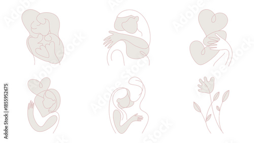 Embrace of Affection and Bloom: Delicate line art gracefully portrays moments of love, connection, and nurturing with minimalist elegance.