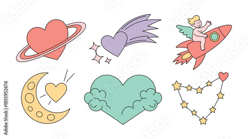 Heart-Shaped Imagery Collection: A charming collection of heart-shaped illustrations featuring a variety of styles, from the classic heart to cosmic-inspired designs, celebrating love, passion.