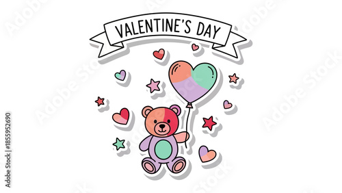 Valentine's Day Teddy: A charming teddy bear, holding a heart-shaped balloon, surrounded by hearts and stars, symbolizing love and affection for a special occasion.