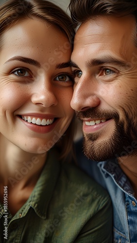 Man and woman are smiling for the camera while they look at.