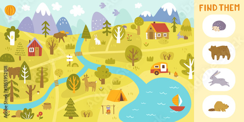 Mini game for kids with cartoon landscape. Doodle woodland mini game with animals.