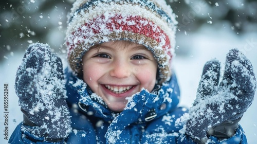 A child playing in the snow wearing makeshift gloves and smiling showing the spontaneous adaptability of youth