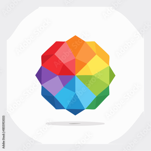 Colorful geometric shape with a variety of triangular facets arranged in a circular pattern, creating a vibrant and eye-catching design.