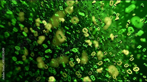 Abstract digital background with glowing green numbers and letters flowing, representing data or technology.