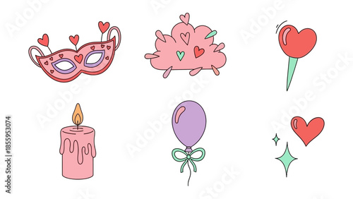 Valentine's Day Icon Set: A delightful array of festive symbols, perfect for conveying messages of love and affection. Each icon represents a unique element of the holiday.