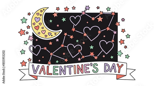 Celestial Valentine's Day: A romantic and dreamy illustration featuring a crescent moon, heart constellations, and Valentine's Day banner, perfect for spreading love.