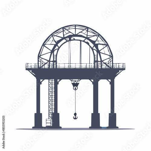 Silhouette of a large industrial crane with a hook and ladder.