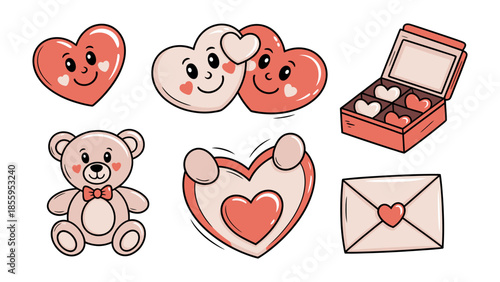Valentine's Day Icon Set: A collection of charming, hand-drawn illustrations expressing love and affection, featuring smiling hearts, a box of chocolates, a teddy bear.