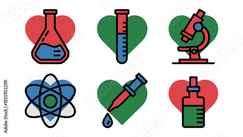 Science Icons: A set of colorful science-themed icons including laboratory glassware, and atomic model, all presented on a background, perfect for educational materials.