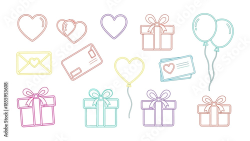 Whimsical Gifts & Heartfelt Notes: A delightful collection of line-drawn icons features whimsical gifts, tender hearts, delicate envelopes, and airy balloons.