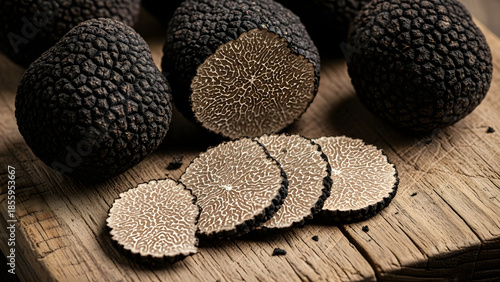Black Truffles on Wooden Board Culinary Delicacy and Gourmet Ingredient