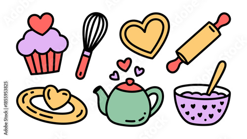 Sweet Creations: An array of adorable and colorful pastry and tea accessories, set against a pristine canvas, each radiating charm and evoking a sense of joy and culinary delight.