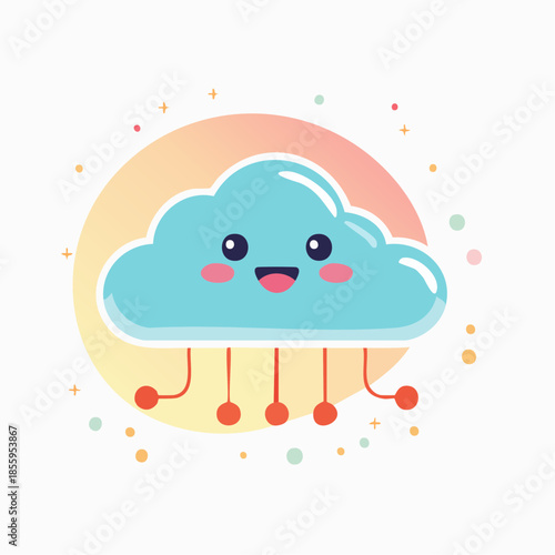 Cute cartoon cloud with a smiling face and dangling connections, set against a pastel gradient circle.