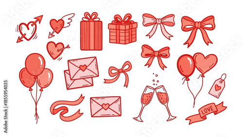 Valentine's Day Icon Set:  A collection of hand-drawn icons featuring love symbols, gifts, bows, balloons, envelopes, champagne flutes, and ribbons, celebrating the spirit of Valentine's Day.