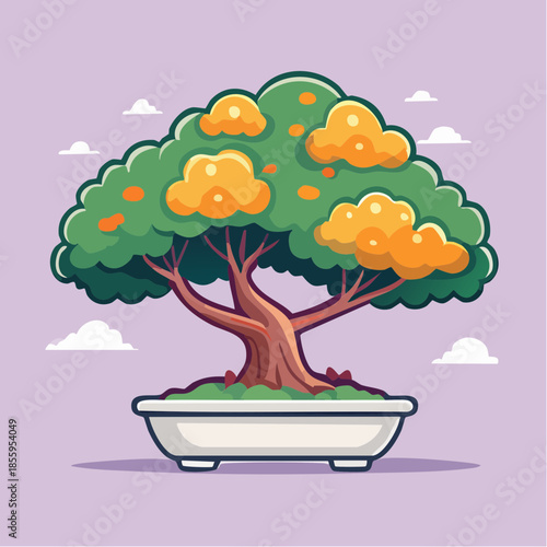 Cartoon bonsai tree with green leaves and orange fruits in a white pot on a purple background.