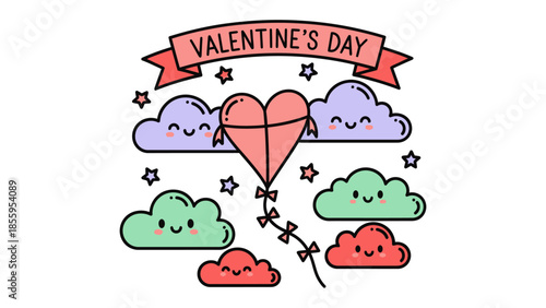 Valentine's Day Theme: An adorable Valentine's Day illustration with charming clouds and a kite-shaped heart, spreading joy and affection in a simple design.