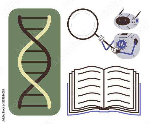 DNA strand, robot holding magnifying glass, open book representing scientific research. Ideal for education, biotechnology, AI, knowledge, discovery data analysis genetic studies. Simple flat