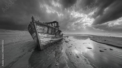 A dramatic black and white animation of an abandoned shipwreck on a desolate beach under stormy clouds. A powerful visual metaphor ideal for historical content, or themes of loss and endings.