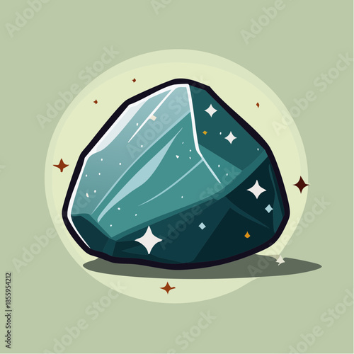Illustration of a shiny, teal-colored gemstone with sparkles on a light green background.