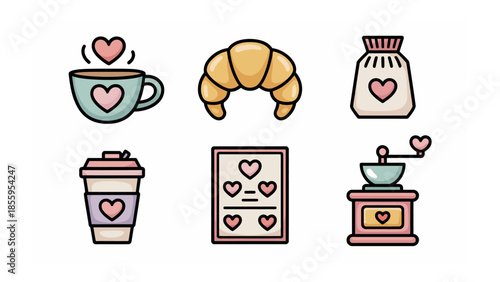 Sweet Moments: A charming array of delightful illustrations showcasing a coffee cup, croissant, sugar jar, takeaway coffee cup, card, and coffee grinder, all adorned with hearts.