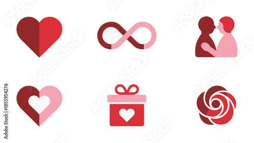 Love Collection: A set of love icons includes a heart, the symbol for infinity, a couple embracing, a heart, a gift, and a rose. These graphic resources evoke sentiments of love, romance.
