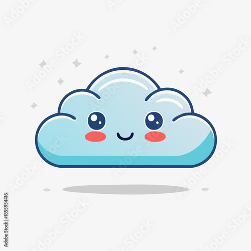 Cute cartoon cloud with kawaii face, blue outline and rosy cheeks on a white background.