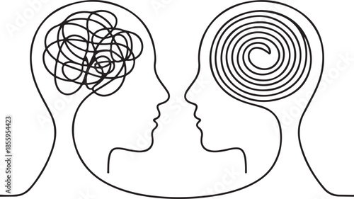 Vector line art illustration depicting conflict resolution or psychotherapy, where communication helps organize chaotic thoughts into a clear, logical thought process.