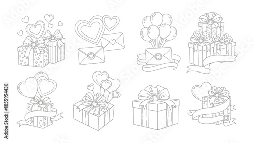 Gift Boxes and Hearts: An illustrated composition of gift boxes adorned with ribbons and hearts, and envelopes on an artistic array. Perfect for conveying sentiments of love and affection.