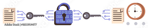 Binary lock with keys, connected to documents showing encryption process, accompanied by a clock. Ideal for cybersecurity, data protection, time management, encryption, privacy, security technology