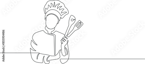 Continuous line chef holding kitchen utensils. Minimalist one line art illustration