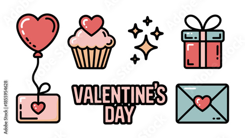 Valentine's Day Decorations and Gifts: Charming illustrations of Valentine's Day essentials, including a heart-shaped balloon, a delightful cupcake, a glittering star, a beautifully wrapped gift.