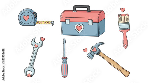 Tools of Affection: A set of essential tools adorned with hearts, embodying a playful blend of construction and love.