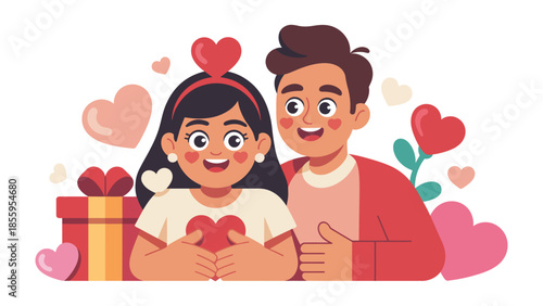 Valentine's Couple with Hearts: A vibrant illustration showcasing a couple surrounded by hearts, gift box and expressing the essence of love and affection. 