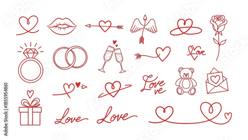 Love's Collection: A delicate array of Valentine's Day symbols, including hearts, roses, rings, and other elements. It's a sweet, romantic illustration.