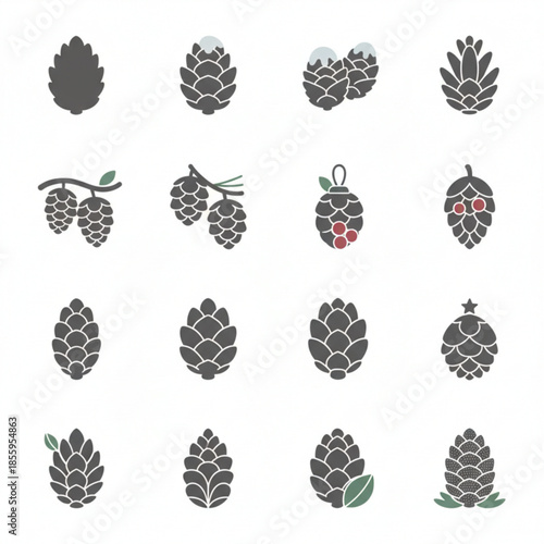 Diverse vector collection of stylized pinecone and conifer cone icons, perfect for winter holiday designs, nature-themed graphics, and festive seasonal decorations