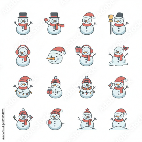 Delightful Collection of Winter Snowman Character Icons, perfect for Christmas holiday season designs, greeting cards, and festive digital media