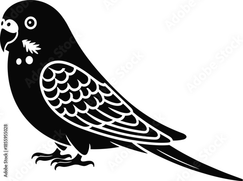 High-Contrast Mirrored Silhouette of a Budgerigar Parakeet with Simplified Bold Wing Patterns and Detailed Facial Markings for Pet Branding