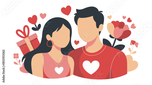 Love's Gentle Embrace: A couple, cloaked in tenderness, stands amidst hearts and floral accents, symbolizing the joy of love and the promise of romance.