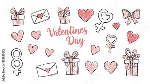 Valentines Day Illustration: A charming illustrated arrangement of Valentine's Day elements, each item radiating love and warmth. Featuring gifts, hearts, bows, and love letters.