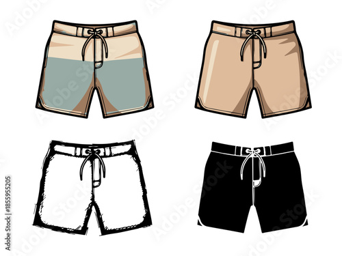 Collection of stylish and comfortable men's swim shorts illustrations, showcasing various designs and color options perfect for beach, pool, or summer leisure activities