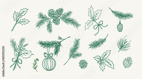 Christmas Tree Branch Set. Drawing of festive Holly and Pine branches with pinecones and toys