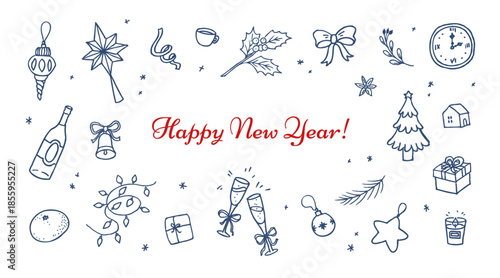 New Year Doodles collection. Hand-drawn holiday celebration elements such as toys, holly, bell, gift and more