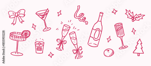 Holiday Party Drawings Set. New Year celebration whimsical marker line art featuring alcohol drinks for festive designs