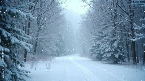 Snowy path through a forest with trees and snow on the ground