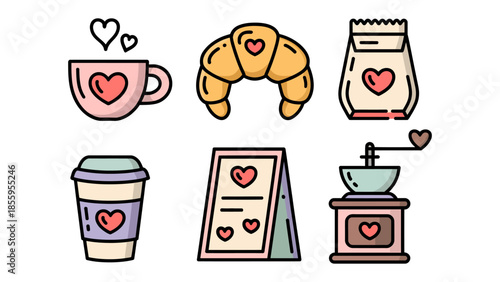 Love-themed Cafe Delights: A collection of delightful cafe-related items, each adorned with hearts, creating a whimsical and charming atmosphere.