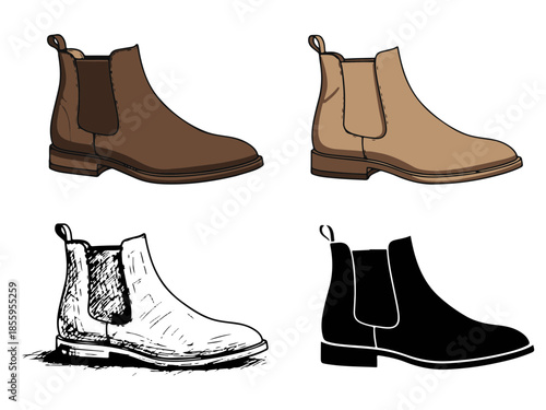 Collection of four stylish Chelsea boots in different colors and styles, perfect for fashion and footwear inspiration